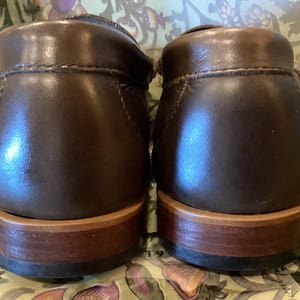 May include: A pair of brown leather loafers, viewed from the back. The shoes have a polished, glossy finish and a light brown sole. The stitching is visible along the top of the shoe.