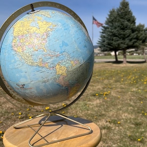 Repogle 12" Political Globe, MCM Brass Meridian, 1960s USA Made