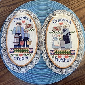 Vintage Framed Cross Stitch Art: Paragon Country Cream & Butter, Set of 2