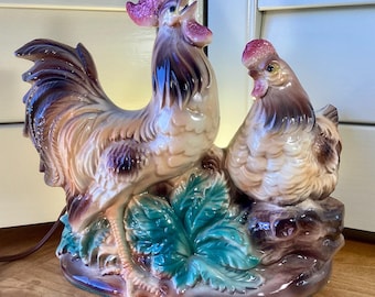 TV Lamp, vtg rare Maddux of Calif #834, 1959 MCM Rooster & Hen night light/TV lamp.  Perfect condition except for tiny chipped tail on hen.