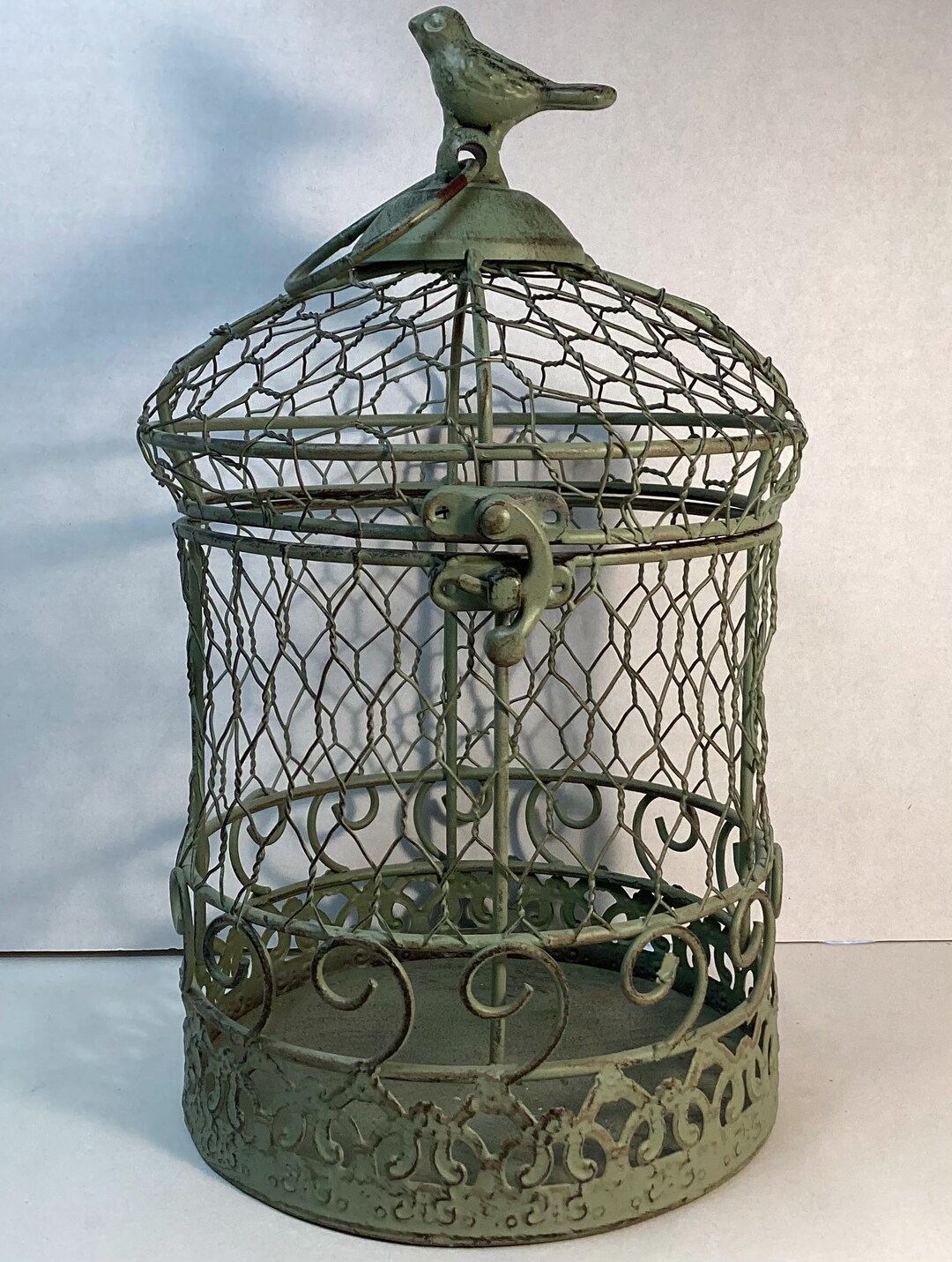 Vintage Metal Bird Cage: Ornate Green Dome With Bird Figurine - Etsy