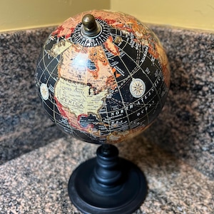 Antique World Globe, Black Seas, Labeled Continents, Wooden Stand (5x5x8 in)