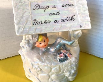 Pixie/Elf, wishing well, bank with stopper, Norcrest, white Lusterware, in very good shape. h5 w3.5 d3.