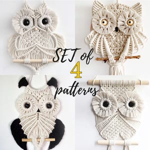Set of 4 Macrame Owl Patterns, Wall hanging PDF tutorial for beginners