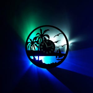 Relax vinyl record clock, Beach and Palms wall clock with LED lights, Original wall art, Tropic room decoration, Gift Ideas for Christmas