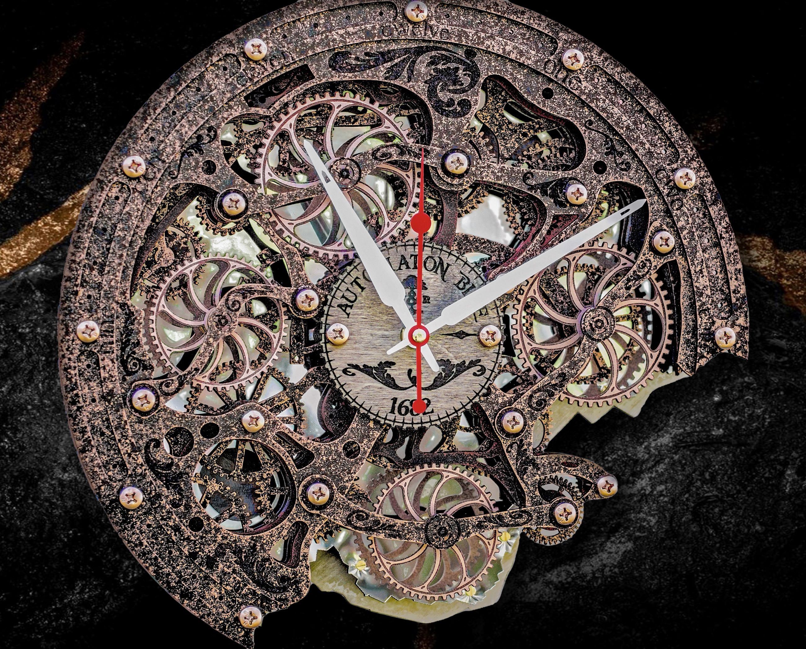 Steampunk Wall Clock Bite 1682 Vintage Copper with Rotating Gears | Handmade Wooden Clock | Unique Kinetic Art | Personalized Engraving