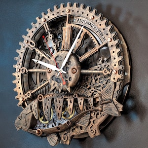 Large Wall Clock &quot;Bass&quot; with Moving Gears, Unique Fishing Decor for Loft Style