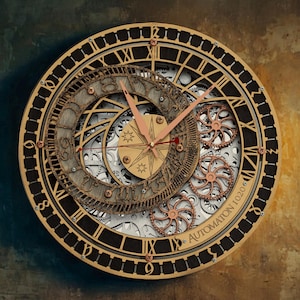 Prague Orloj Astronomical Clock with Moving Gears – Handcrafted Wooden Wall Art, Silent Mechanism, Customizable Engraving, 16-Inch Decor