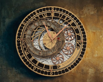 Prague Orloj Astronomical Clock with Moving Gears – Handcrafted Wooden Wall Art, Silent Mechanism, Customizable Engraving, 16-Inch Decor