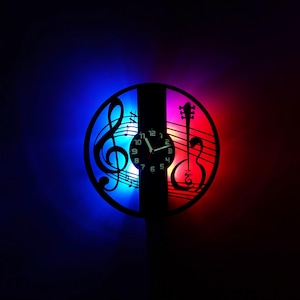 Guitar and Treble Clef wall clock, Music vinyl record clock with unique bright LED lights, Gift for music lovers, Christmas gift