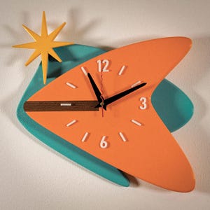 Starflight Boomerang Mid-Century Modern Wall Clock – Handmade Silent Quartz Movement – Retro 50s Atomic Age Home Decor – Unique Gift