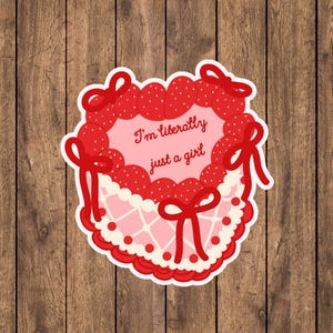 Sticker schattige aardbeitaart – Kawaii esthetische vinylsticker, 'I'm Letterally Just a Girl' vrouwelijke Cottagecore-sticker voor laptops en meer