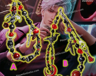 May include: Two beaded necklaces with gothic-inspired charms. Necklace A features a sword, bat, and crescent moon. Necklace B includes a raven, pistol, and handcuffs. Both necklaces have black and red beads and silver accents. The text "PlayerGoGoGo.com" is visible.