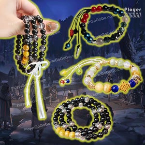 May include: An assortment of beaded bracelets in various colors and designs. The bracelets feature black, yellow, clear, and colorful beads, with some having decorative accents and adjustable ties. The image showcases the bracelets against a blurred background.