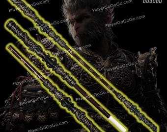 May include: Three ornate staffs with intricate dragon designs and gold accents. The staffs are made of dark wood and have a black and gold finish. The staffs are displayed against a dark background with a figure of a monkey in the background.