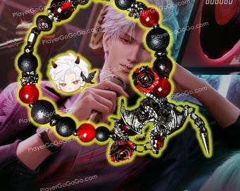 May include: A black and silver bracelet with red and black beads, a black rose charm, and a silver bat charm. The bracelet is on a person's wrist. PlayerGoGoGo.com is printed on the image.