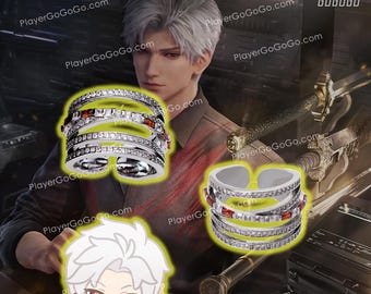 May include: Silver-toned rings with multiple bands, adorned with clear and red gemstones. The rings are displayed against a background with a person and weapons. The image also includes a cartoon character with the text "PLAYER GOGOGO".