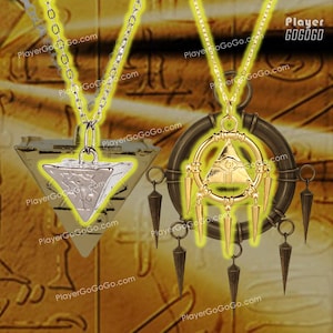 May include: Three gold necklaces with pendants. The first necklace has a silver triangular pendant with an eye symbol. The second necklace has a gold circular pendant with an eye symbol inside a triangle. The third necklace has a gold pendant with a circle and five spikes.