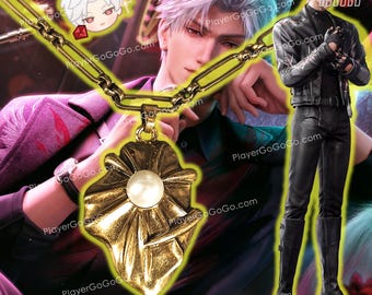 May include: A gold necklace with a large, ornate pendant featuring a pearl in the center. The pendant is shaped like a flower with multiple layers of petals. The necklace is worn by a person with silver hair and a purple shirt.