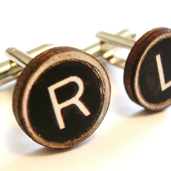 Custom Wooden Typewriter Key Silver-Plated Cufflinks -Choose your letters-FREE GIFT BAG- Retro Man Guys Dad Fun Gift 80's Dork Boy Groom Groomsmen Fathers day