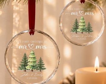 Custom Crystal Christmas Tree Ornament with Name, Personalized First Christmas Clear Crystal Mr & Mrs Ornament, Christmas Crystal Gifts