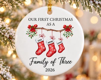 Custom Name Ceramic Ornament Gift for New Family, Personalized Ceramic Family of 3 Christmas OrnamentC, Baby's First Christmas Decor Gift