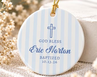 Personalized Name Date Ceramic Baptized Ornament Gift for Baby, Custom Cross Ceramic God Bless Baptism Ornament, Religious Newborn Keepsake