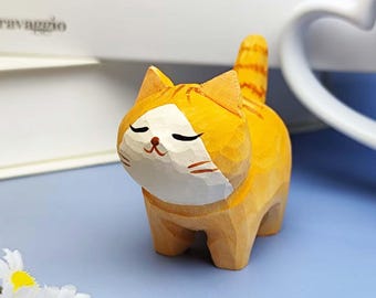 Custom Wooden Orange Cat Ornament Decor Mother's Day Gifts, Adorable Cat Wooden Art Carved Ornament Figurine, Wooden Cat Statue Gift for Her