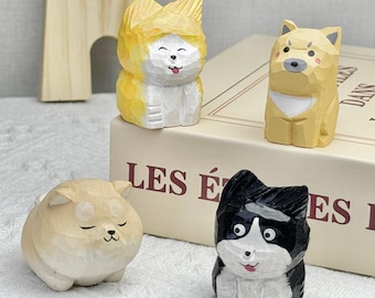 Hand-Carved Mini Wooden Various Pet Dogs Figurine for Desk Decor, Cute Teddy Shiba Dog  Art Ornament Figurine Animal Decor Dog, Lover Gifts.