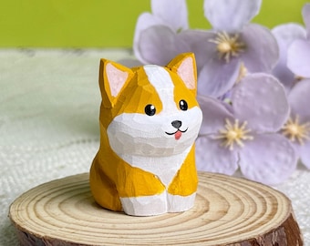 Custom Hand-Carved Wooden Corgi Figurine, Handmade Mini Puppy Wooden Carved Ornament Figurine Animal Decor for Dog Owner, Gift for Dog Lover