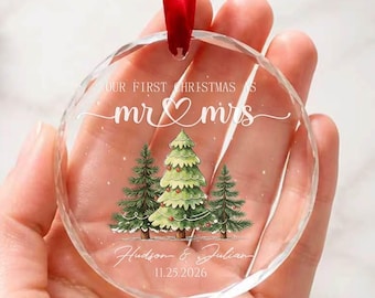 Custom Clear Crystal First Christmas Tree Ornament with Name, Personalized Christmas Clear Crystal Mr & Mrs Ornament, Christmas Crystal Gift