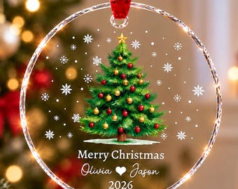 Custom Name Glass Christmas Tree Ornament for Couple, Personalized Name First Christmas Crystal Ornament Gift, Bespoke Newlywed Holiday Gift