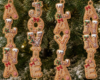 Personalized Name Gingerbread Letter Ornament, Custom Initial Christmas Decor For Kids, Vertical Wooden Name Tag Keepsake, Family Gift