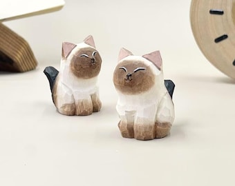 Custom Hand Painted Wooden Siamese Cat Decor for Cat Owner, Miniature Wooden Brown/White Cat Ornament for Desktop Decor Gift for Cat Lover