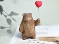 Brown Bear Statue Handmade Wooden Carving Decor Art, Bear Holding Heart Wood Carved Ornament Figurine Unique Animal for Mother's Day Gifts