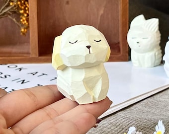 Hand-Carved Mini Wooden Puppy Figurine for Desktop Decor Gifts, Cute White Dog Wooden Art Carved Ornament Figurine Small Animals Decor Gift.
