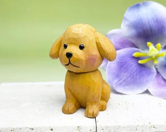 Custom Hand-Carved Wooden Puppy, Adorable Yellow Puppy Figurine, Wooden Carved Ornament Figurine Animal Decor for Dog Owner, Christmas Gifts