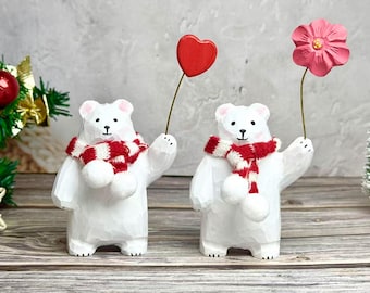 Custom Adorable White Bear Statue Decor, Bear Holding Heart/Flower Wooden Carved Figurine for Christmas Gifts, Wooden Animal for Bear Lovers