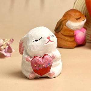 Love Rabbit Wooden Statue Handmade Figurine Valentine&#39;s Day Gift, Unique Bunny Wood Carved Ornament Easter Gift Animal Decor for Bunny Lover