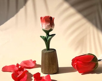 Custom Hand-Carved Wooden Red Rose Ornament, Carving Rose Figurine Decor Gift for Her, Unique Flower Ornament Decor for Mother's Day Gift