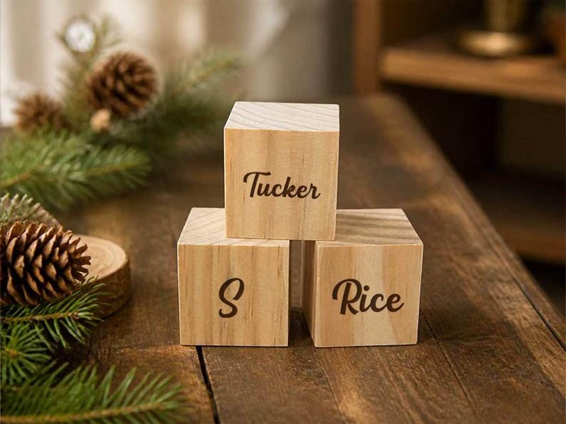 May include: Three light-colored wooden cubes arranged in a pyramid formation. The top cube features the word Tucker in dark brown script. The bottom left cube displays the letter S, and the bottom right cube features the word Rice in dark brown script.