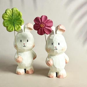 Cute Bunny Statue Handmade Wooden Carving Decor, Rabbit Holding Flower Wood Carved Ornament Easter Decor Unique Animal Decor for Bunny Lover