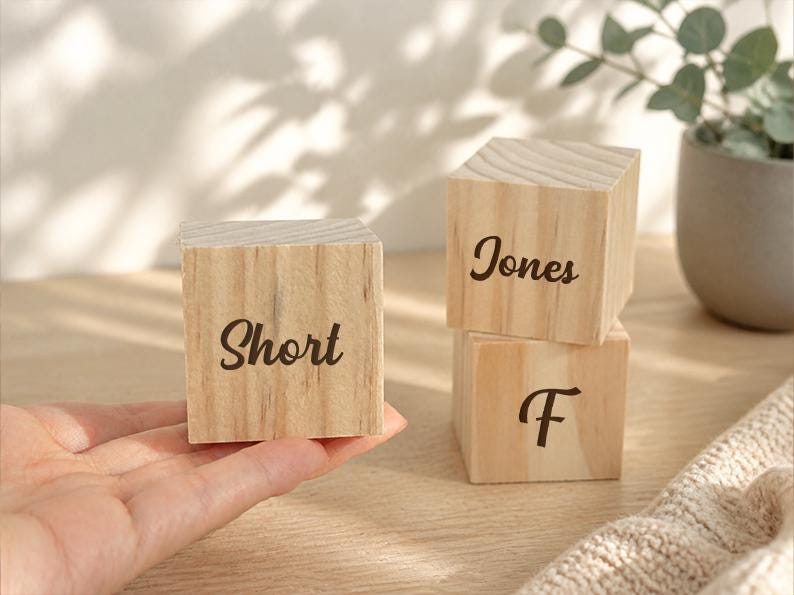 May include: Three light-colored wooden blocks with visible grain patterns. One block is held, featuring the word Short in black script. Two stacked blocks sit nearby, with the top one displaying the word Jones and the bottom one showing the letter F.