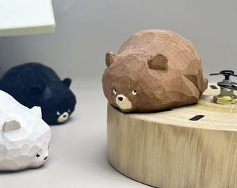Custom Brown Bear Statue Handmade Wooden Carving Decor, Cute Carved Bear Ornament Figurine,  Unique Animal Wooden Desktop Pet for Bear Lover