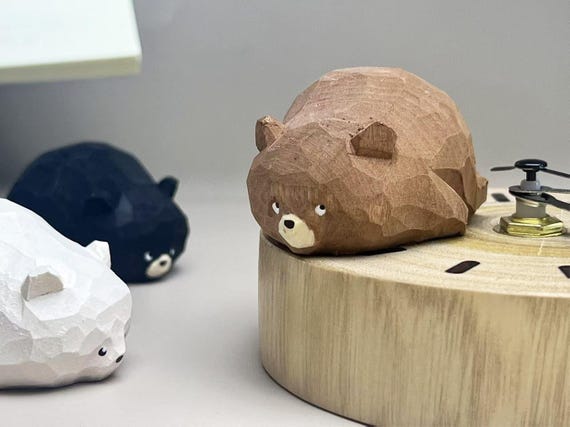 Brown Bear Statue Handmade Wooden Carving Decor, Cute Wooden Carved Bear Ornament Figurine,  Unique Animal Wooden Desktop Pet for Bear Lover