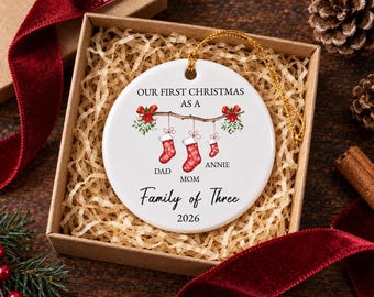 Custom Ceramic First Christmas Ornament Gift for Family, Personalized Family of 3 Keepsake for Baby's 1st Christmas, New Parents Bauble