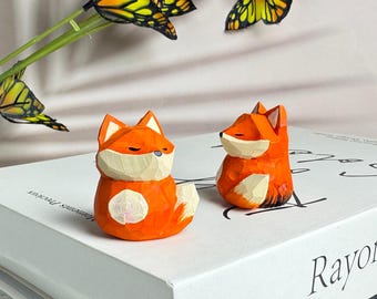 Custom Handmade Wooden Fox Decor Carving for Housewarm, Adorable Wood Fox Wooden Carved Ornament, Miniature Fox Decor Gift for Nature Lover