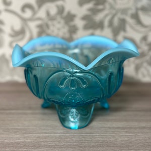 Antique Blue Opalescent Jefferson Footed Glass Bowl