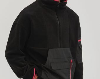 Sudadera polar negra para hombre: sudadera con media cremallera, capa de senderismo