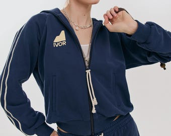 Blue Cotton Tracksuit Set: Women's Hoodie & Wide Leg Pants